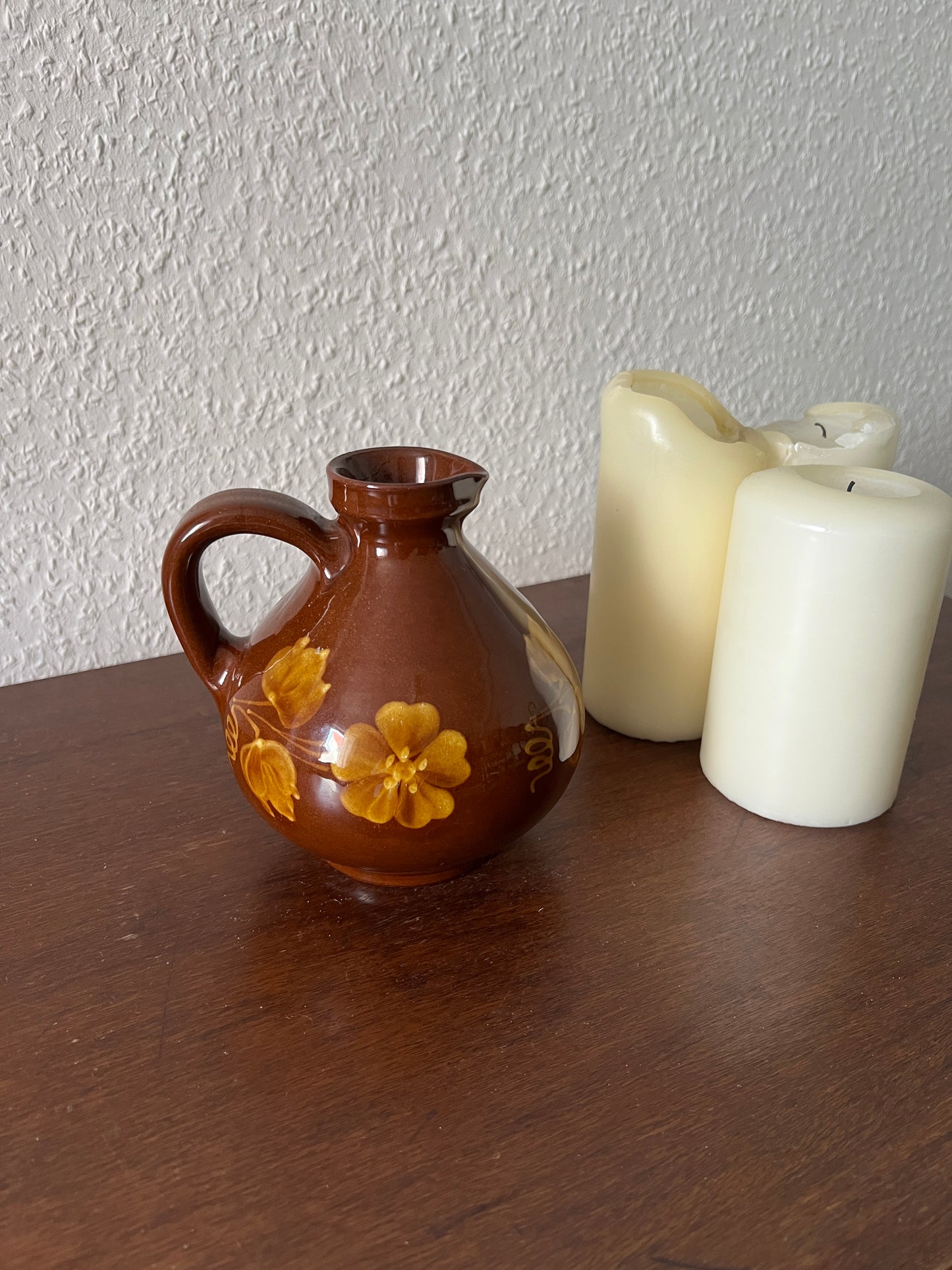 Florale Braun Rote Handmade Henkelvase Vintage Keramik orange Rustikal 80er 70er