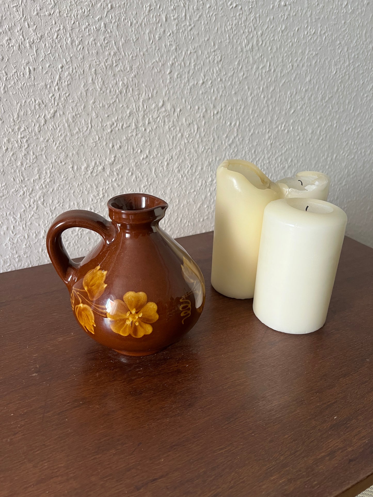 Florale Braun Rote Handmade Henkelvase Vintage Keramik orange Rustikal 80er 70er