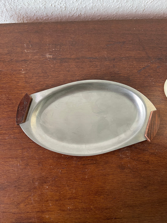 Kleines Ovales Tablett Danish Design Edelstahl Teak Holzgriff Vintage 60er/70er