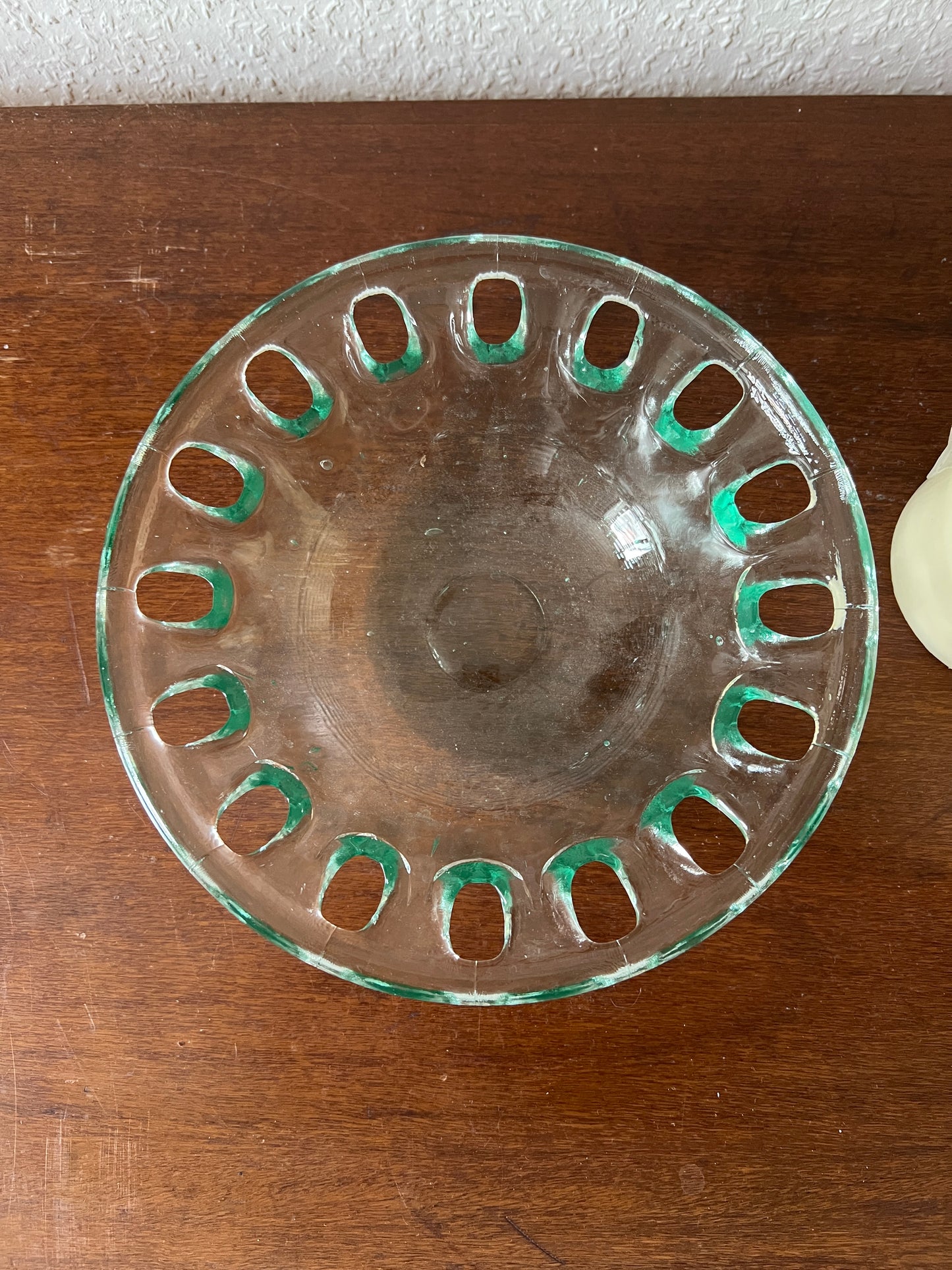 Small Spanish glass bowl with openwork rim – handmade look in greenish glass