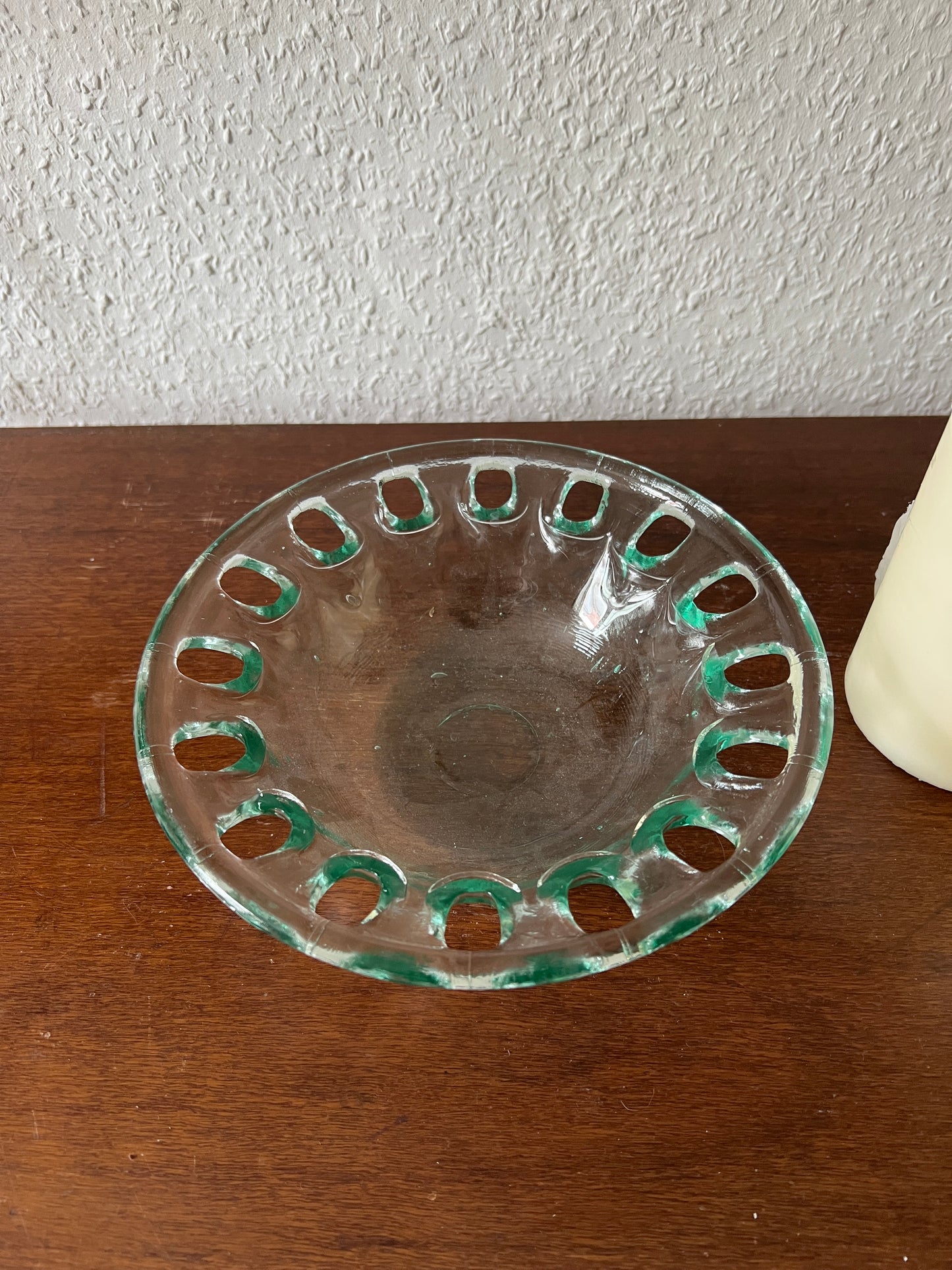 Small Spanish glass bowl with openwork rim – handmade look in greenish glass