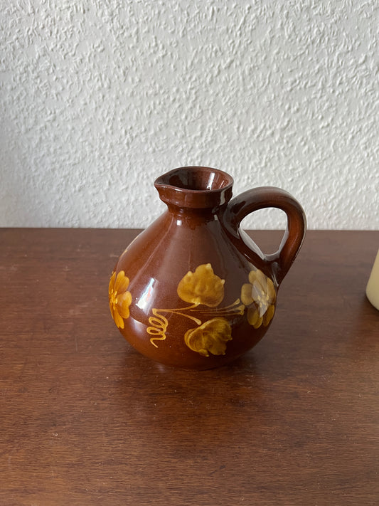 Florale Braun-Rote Handmade Henkelvase Vintage Keramik orange Rustikal