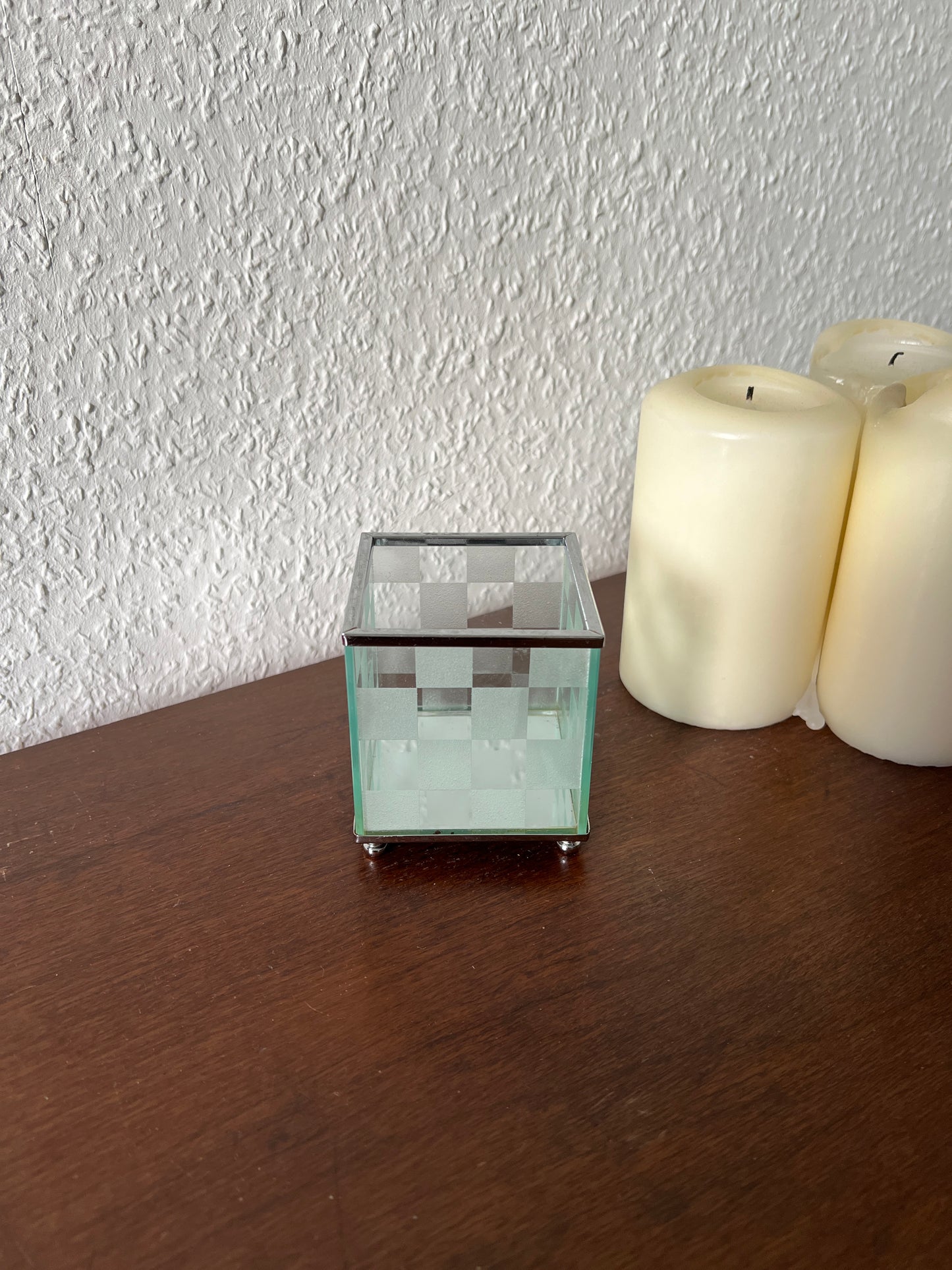Glas Teelichthalter Kariert Schachbrettmuster Milchglas Klarglas Vintage Aufbewahrung MCM Modern