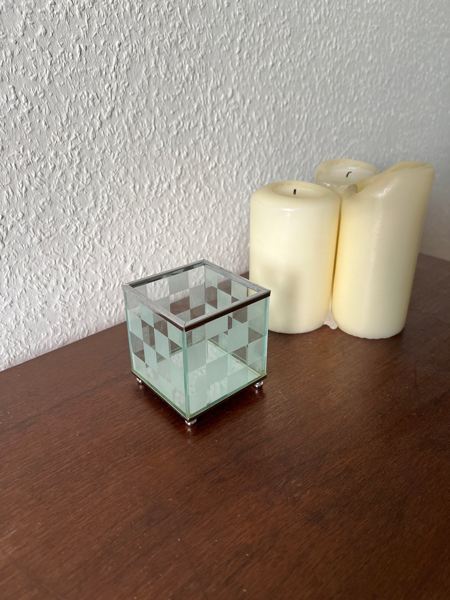 Glas Teelichthalter Kariert Schachbrettmuster Milchglas Klarglas Vintage Aufbewahrung MCM Modern