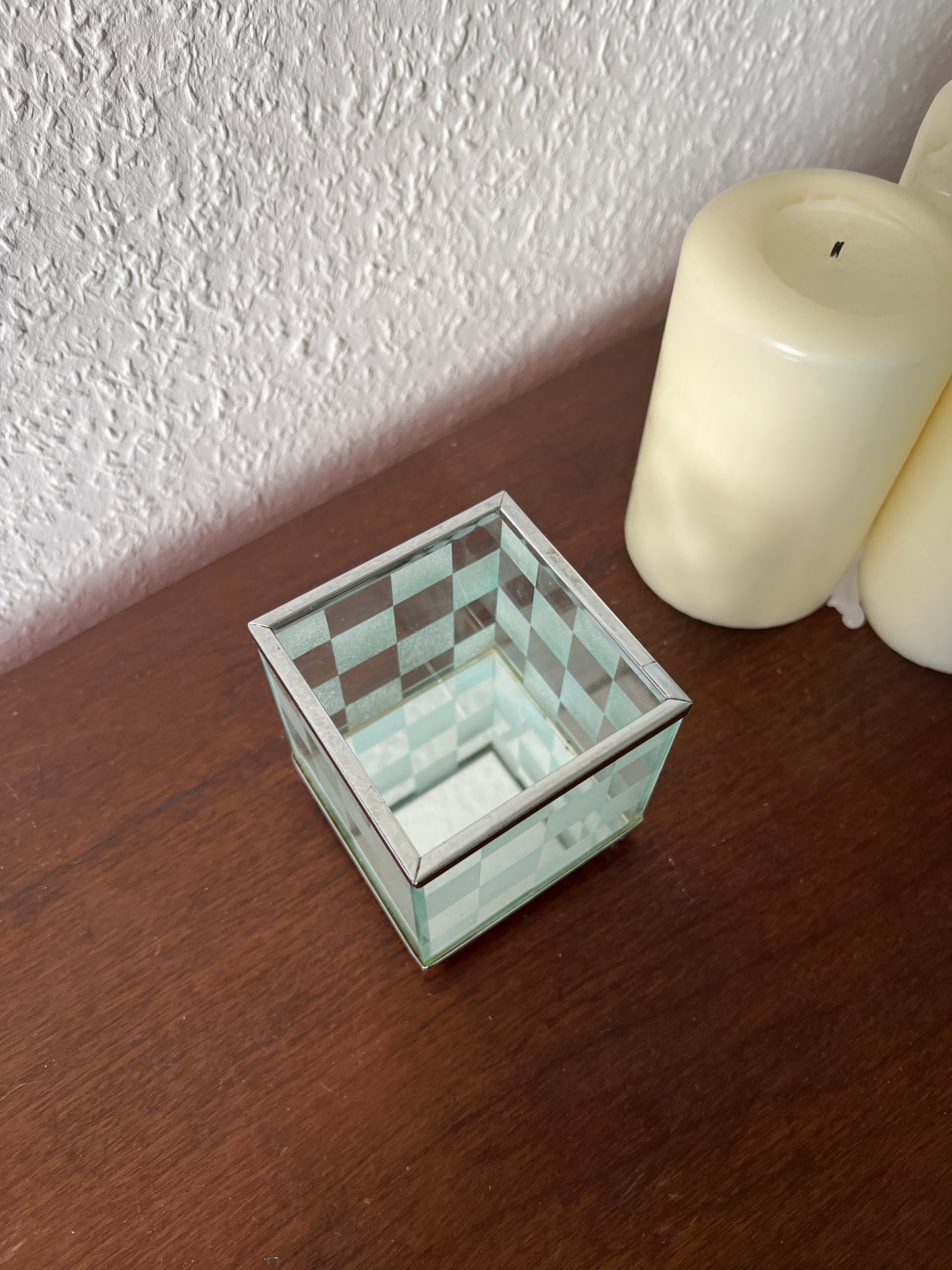Glas Teelichthalter Kariert Schachbrettmuster Milchglas Klarglas Vintage Aufbewahrung MCM Modern
