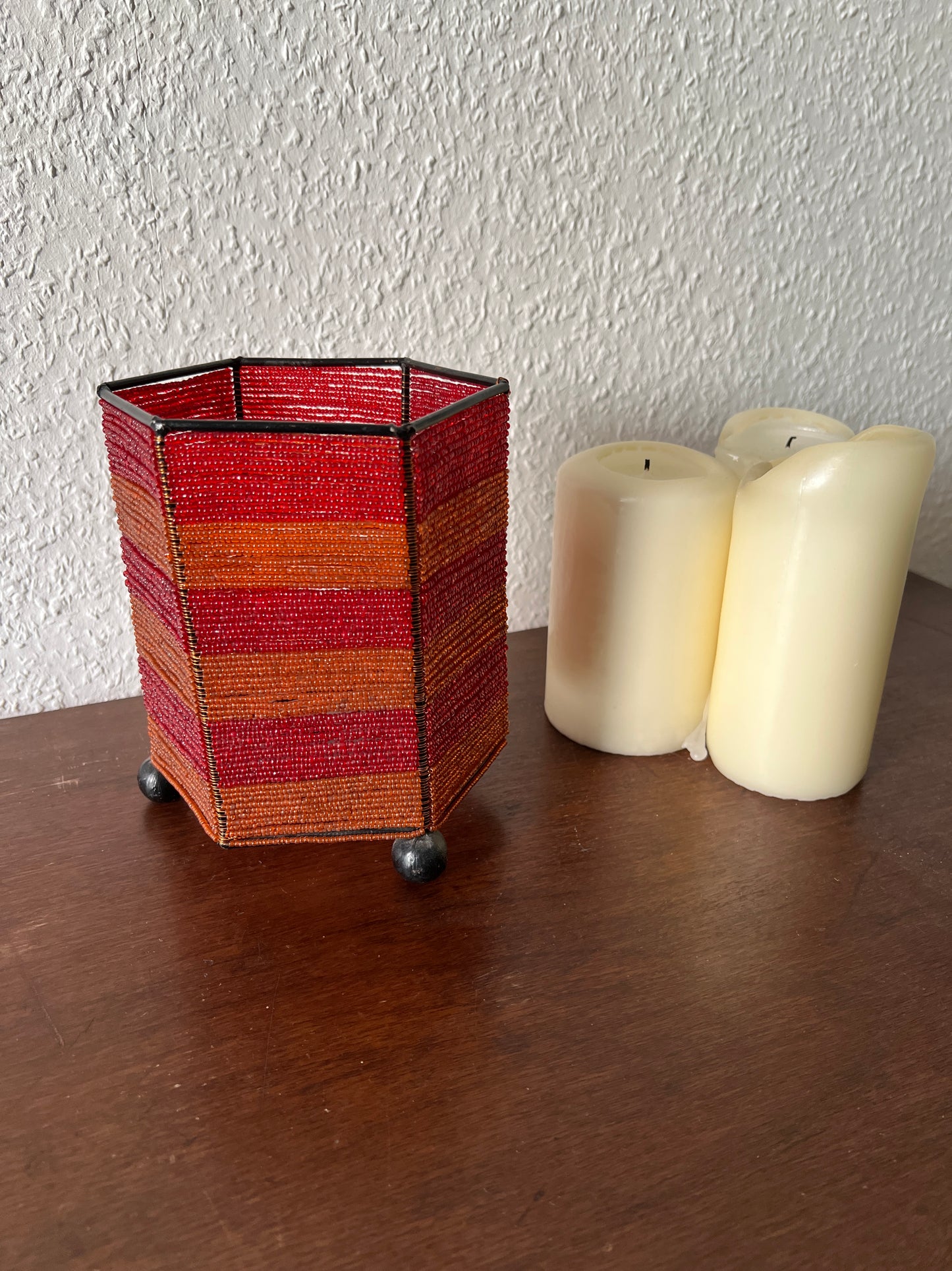 Perlen Kerzenhalter Oriental Orange Rot Lampe hexagonal Vintage