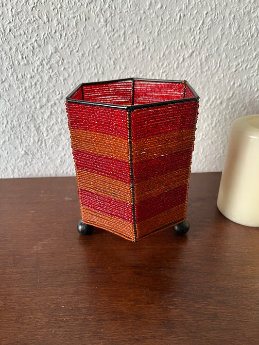 Perlen Kerzenhalter Orange Rot Lampe hexagonal Vintage Oriental