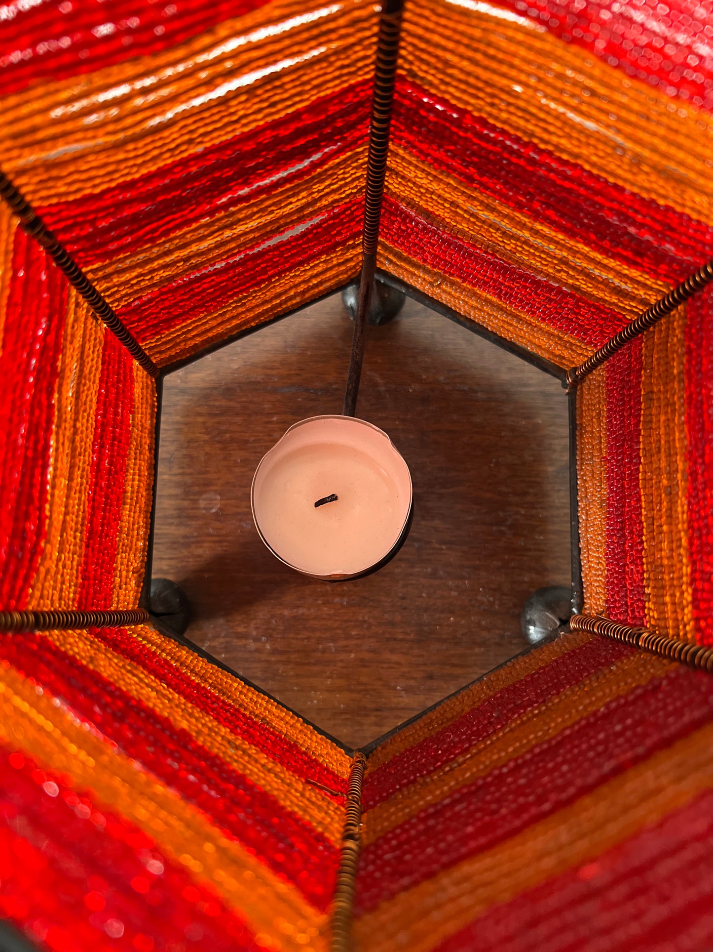 Perlen Kerzenhalter Oriental Orange Rot Lampe hexagonal Vintage