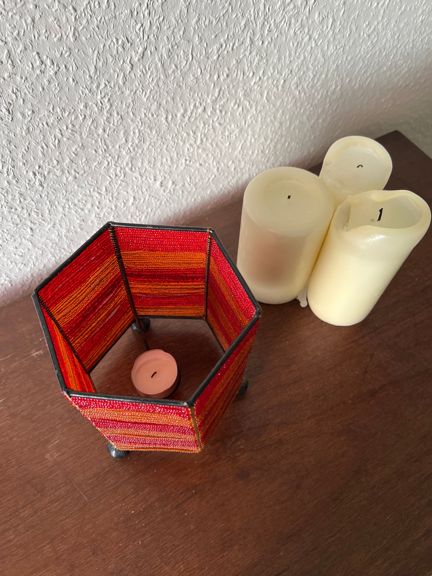 Perlen Kerzenhalter Oriental Orange Rot Lampe hexagonal Vintage