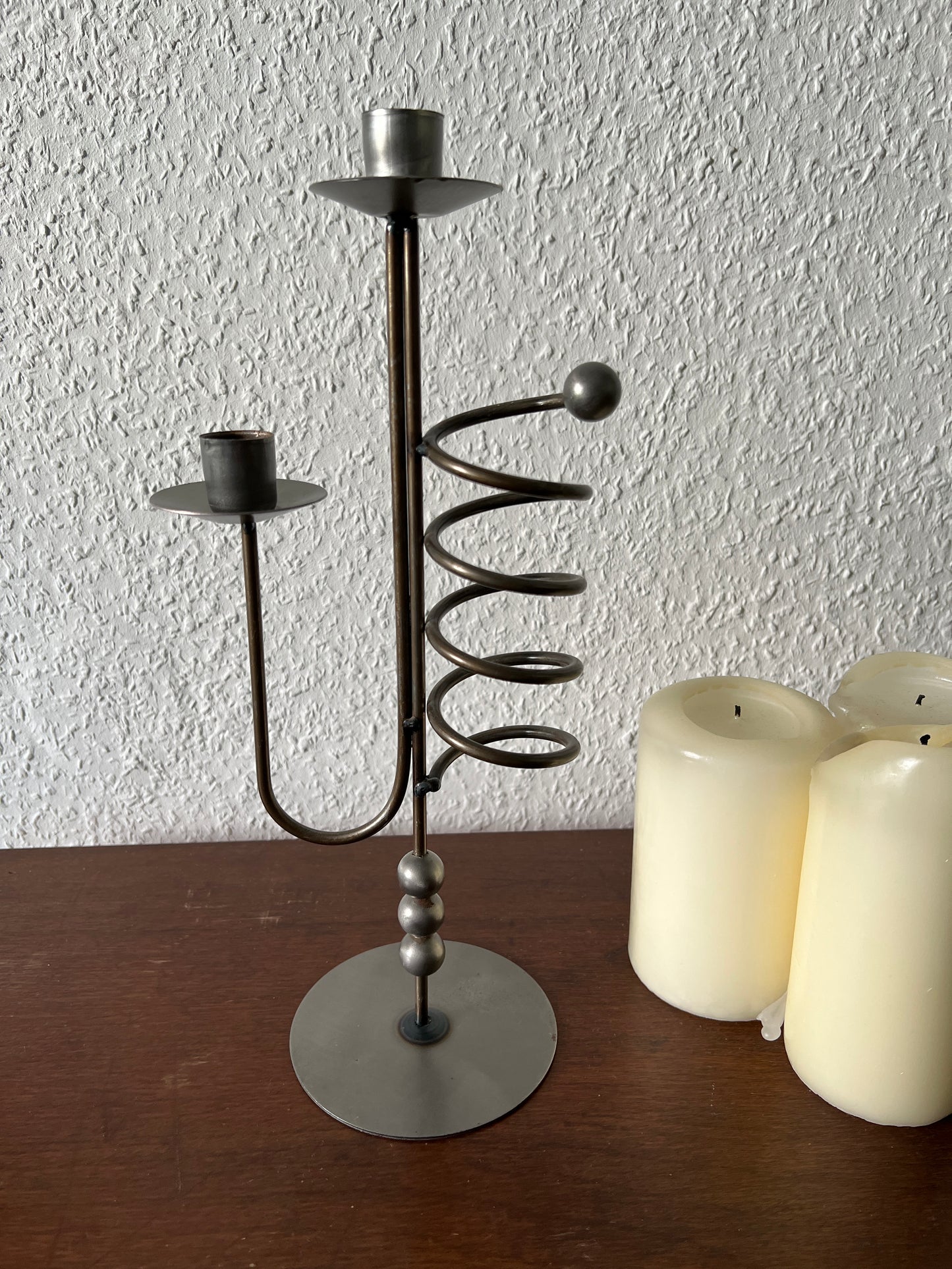Metall Kerzenständer Kerzenhalter Spirale Kugeln Schwarz Grau Chrom 80er Memphis Milano Vintage MCM Postmodern