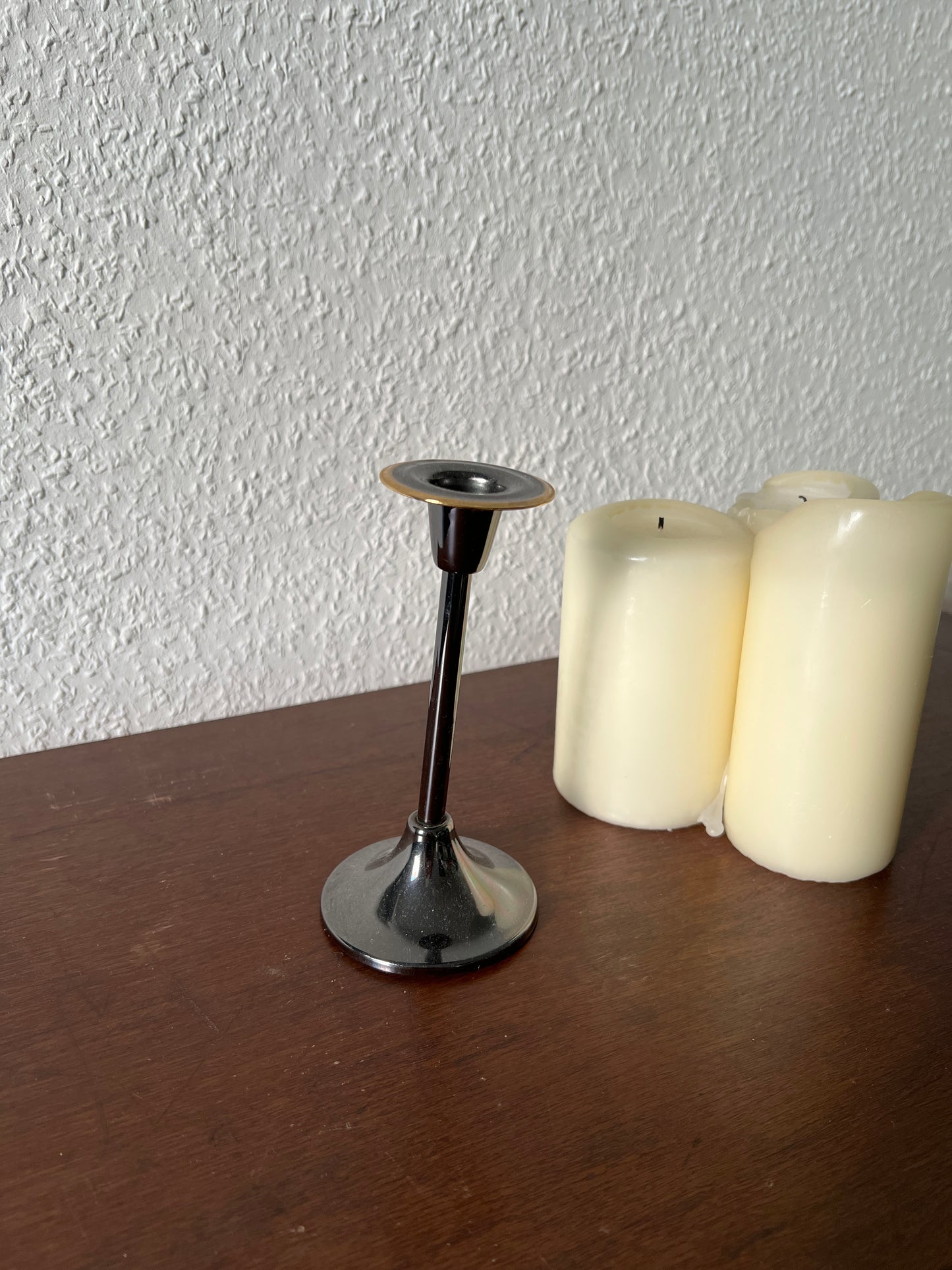 Schwarz Silberner Kerzenständer Kerzenhalter Asymmetrisch Schräg Goldrand Vintage 80er