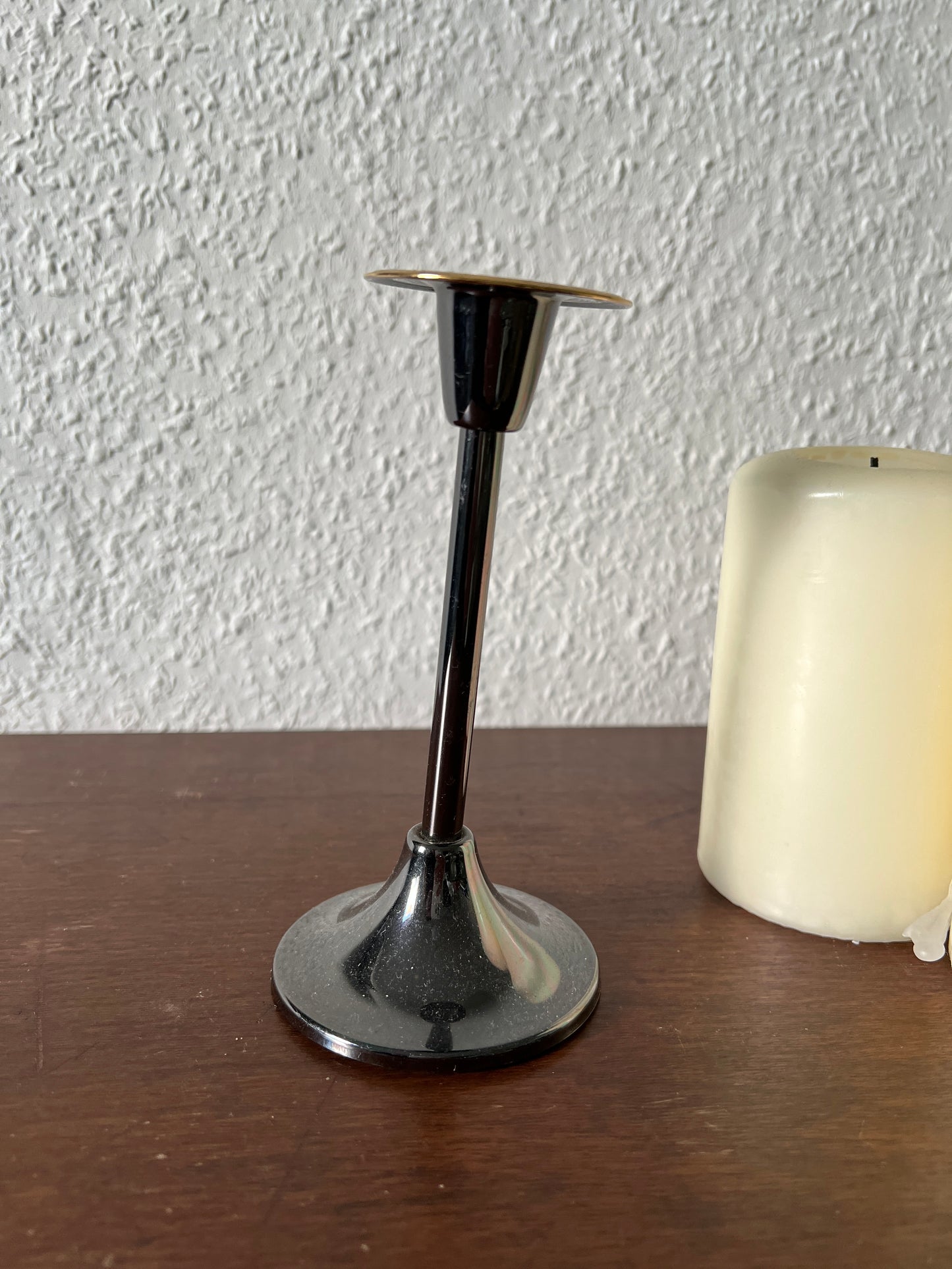 Schwarz Silberner Kerzenständer Kerzenhalter Asymmetrisch Schräg Goldrand Vintage 80er