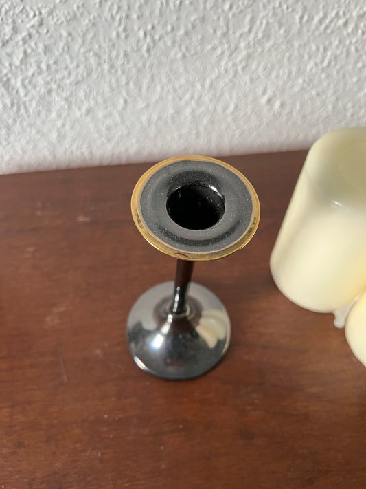 Schwarz Silberner Kerzenständer Kerzenhalter Asymmetrisch Schräg Goldrand Vintage 80er