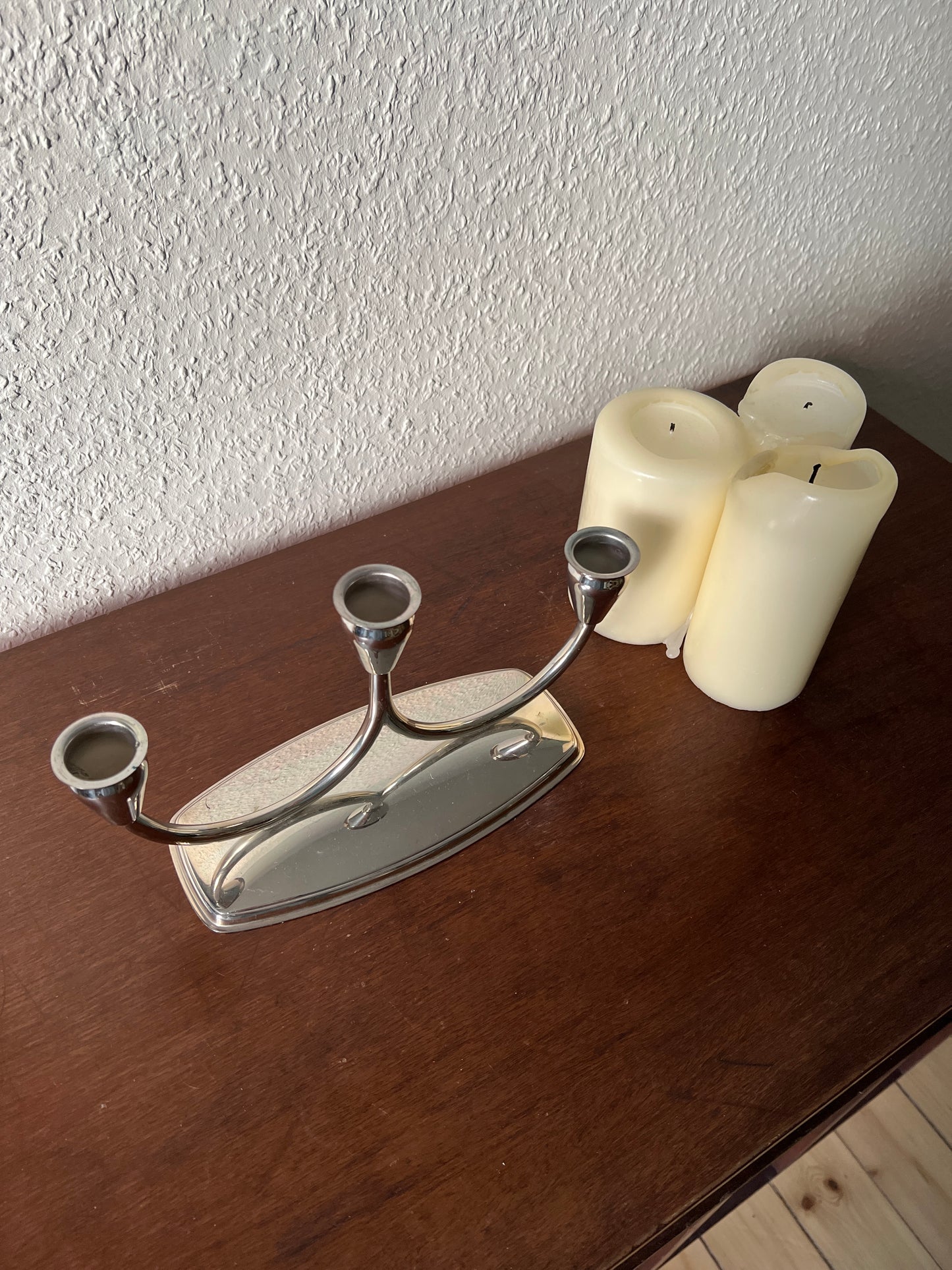 3-flammiger Kerzenständer Leuchter versilbert Metall MCM Vintage 60er/70er