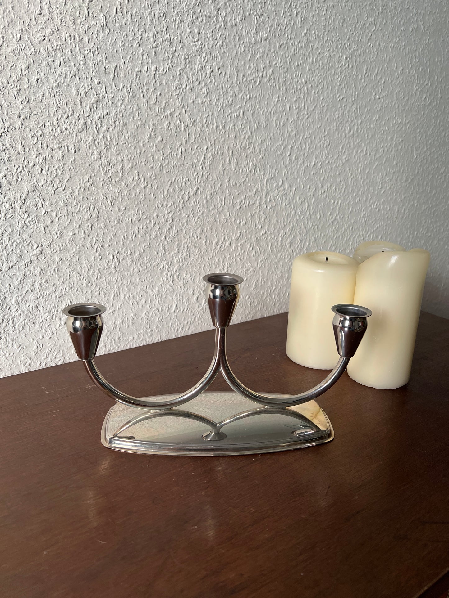 3-flammiger Kerzenständer Leuchter versilbert Metall MCM Vintage 60er/70er