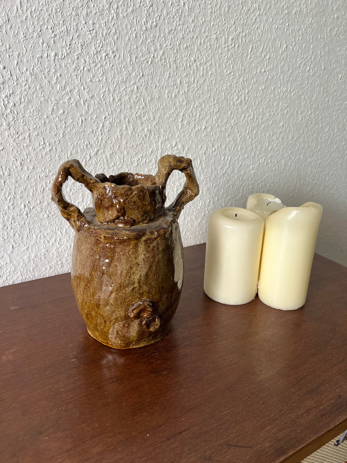 Handmade Vase braun grün Groß Keramik Glasiert Vintage
