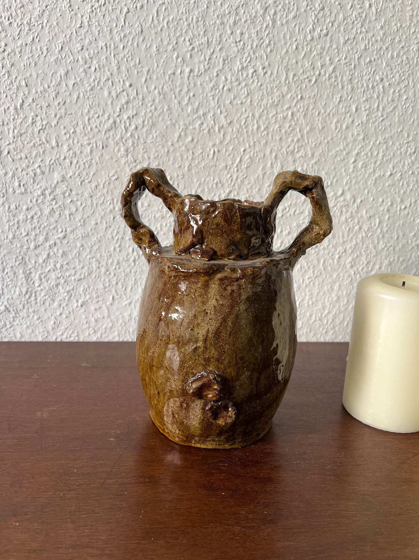 Handmade Vase braun grün Groß Keramik Glasiert Vintage