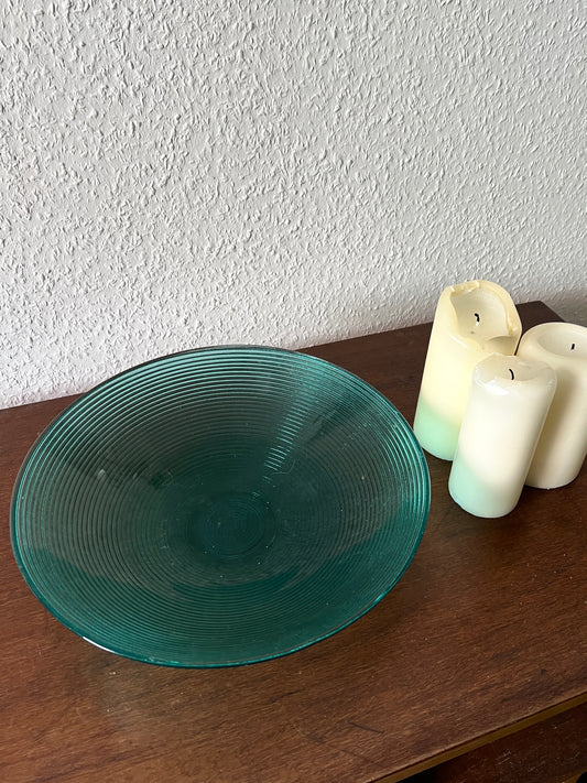 Large turquoise glass bowl round grooves vintage 1980s