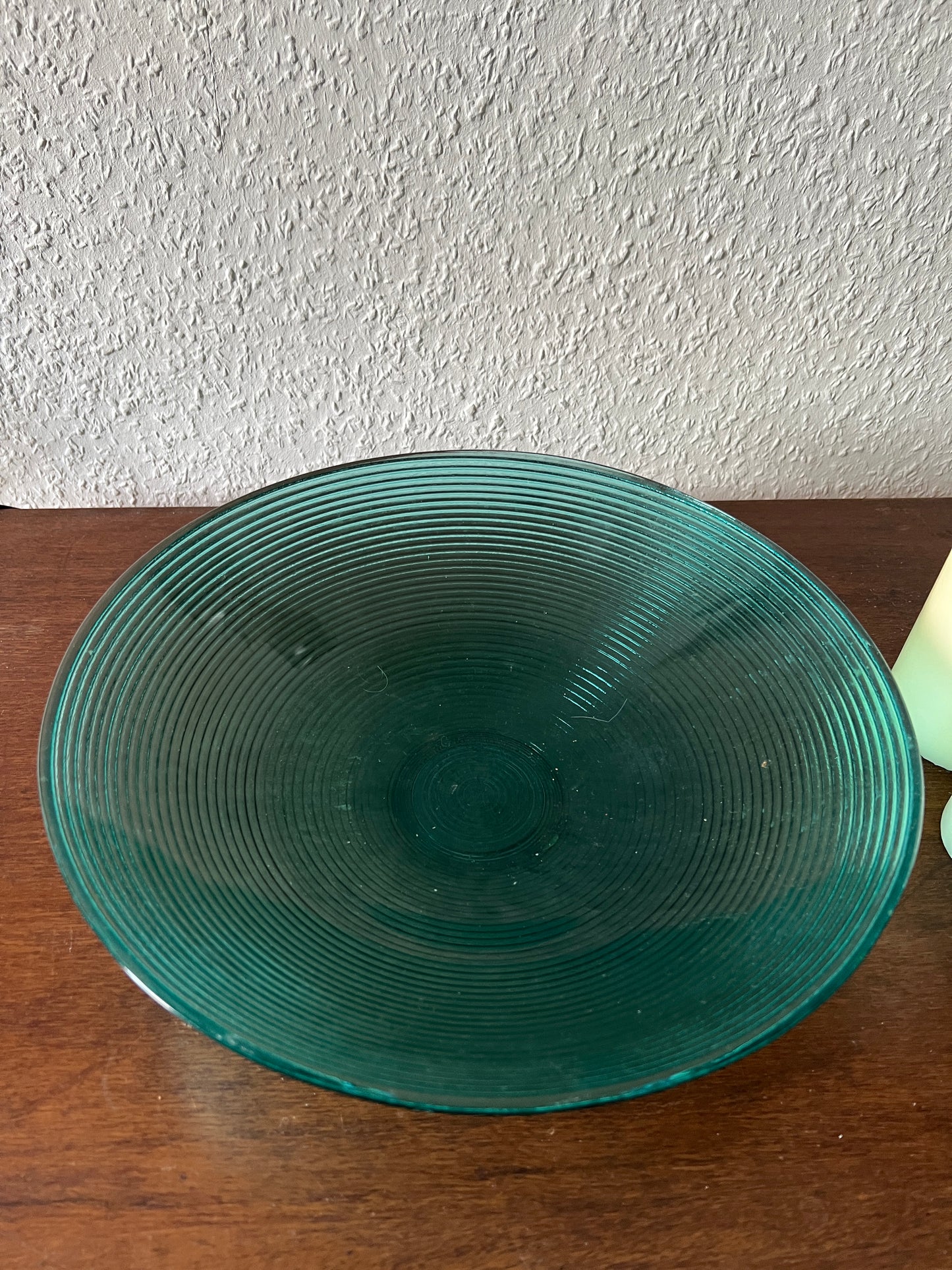 Large turquoise glass bowl round grooves vintage 1980s