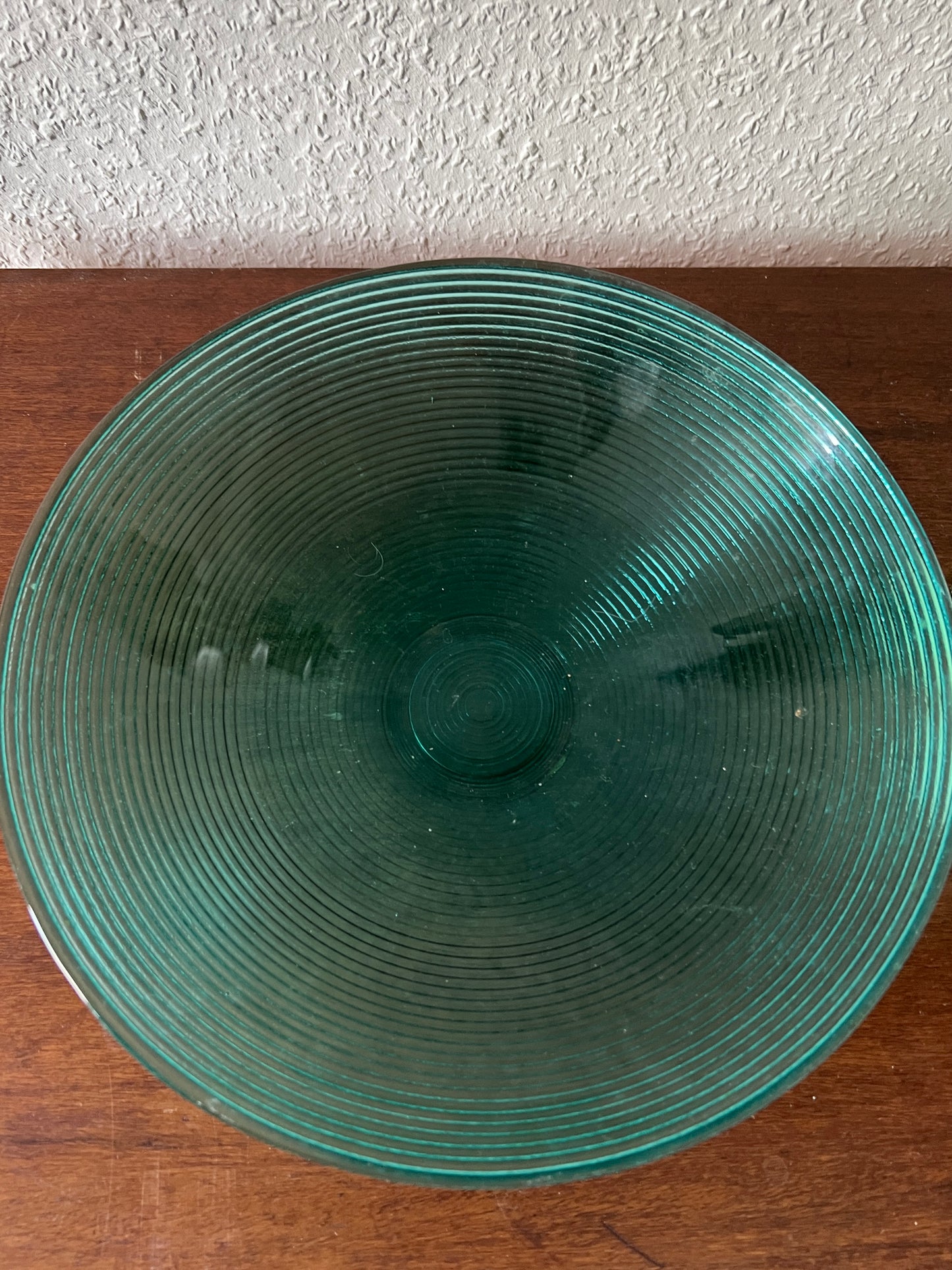 Large turquoise glass bowl round grooves vintage 1980s