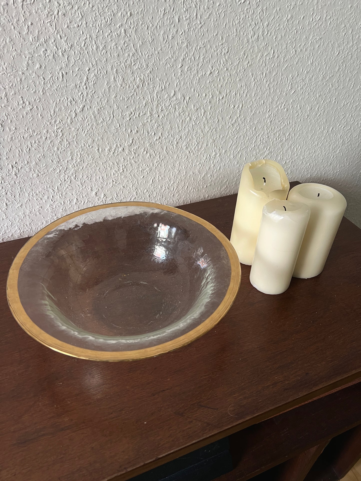Large glass bowl with golden rim, vintage 1980s MCM