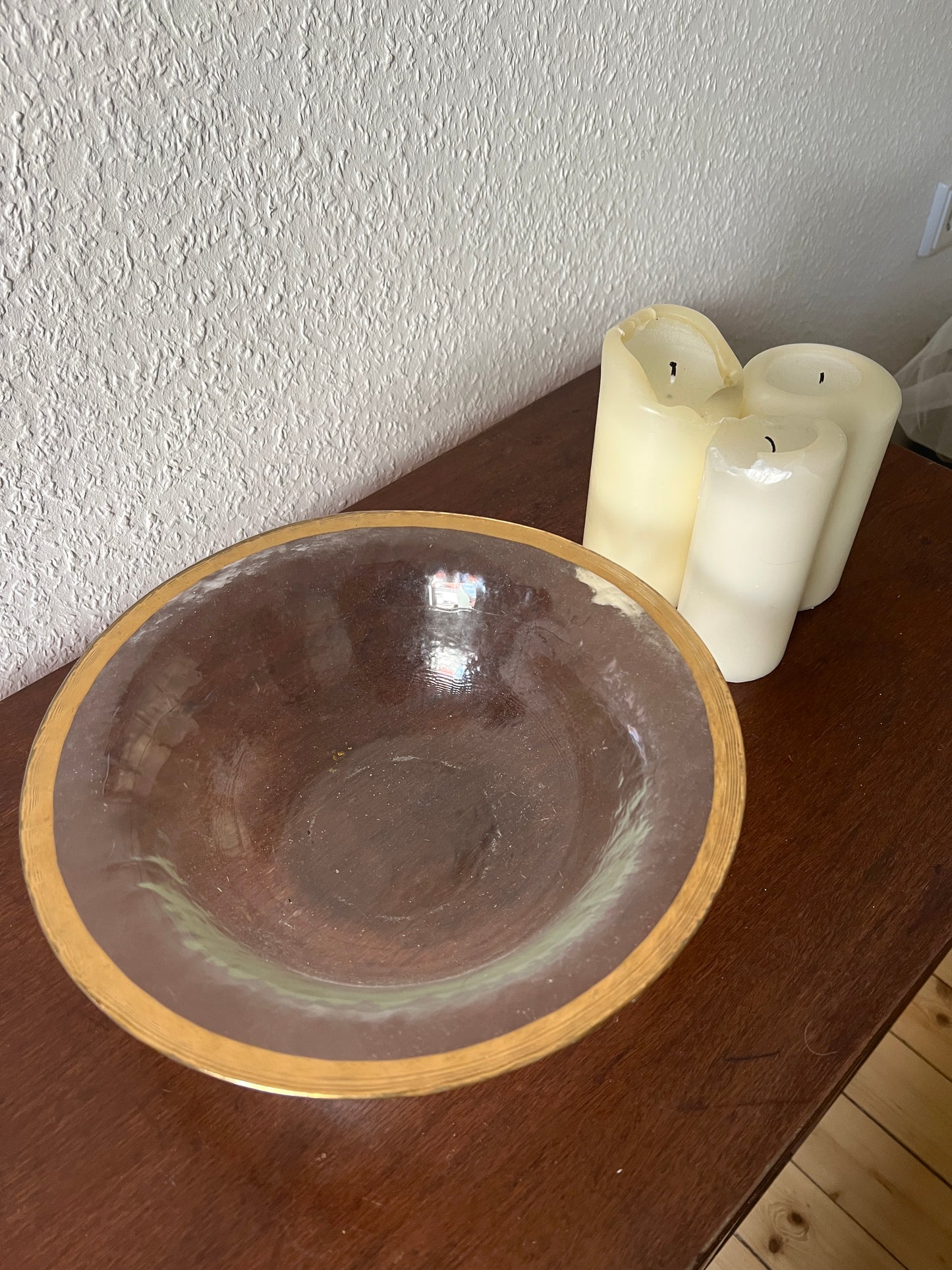 Large glass bowl with golden rim, vintage 1980s MCM