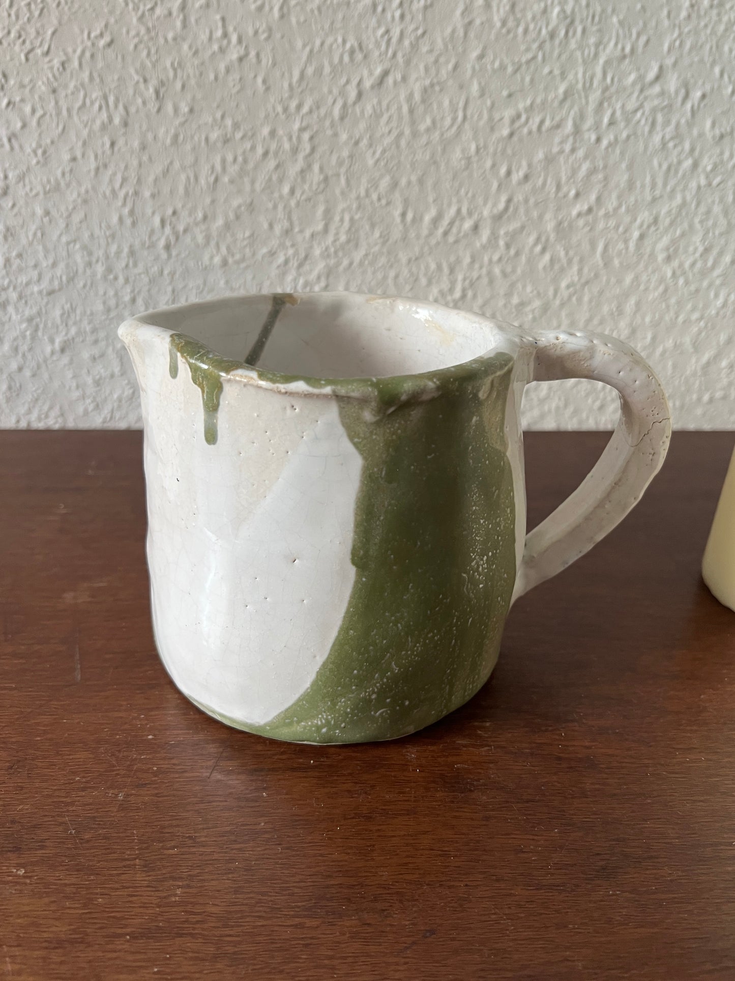 Krug Keramik Weiß Grün Vase Blumentopf Handmade ("JK") Vintage