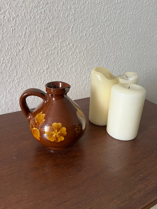 Florale Braun Rote Handmade Henkelvase Vintage Keramik orange Rustikal 80er 70er