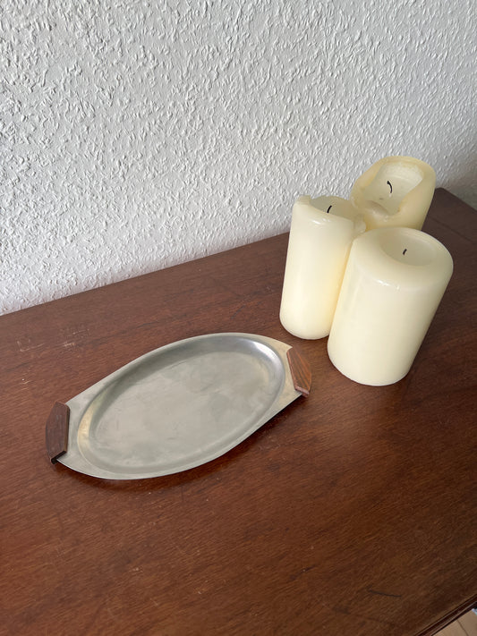 Kleines Ovales Tablett Danish Design Edelstahl Teak Holzgriff Vintage 60er/70er