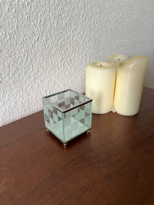 Glas Teelichthalter Kariert Schachbrettmuster Milchglas Klarglas Vintage Aufbewahrung MCM Modern