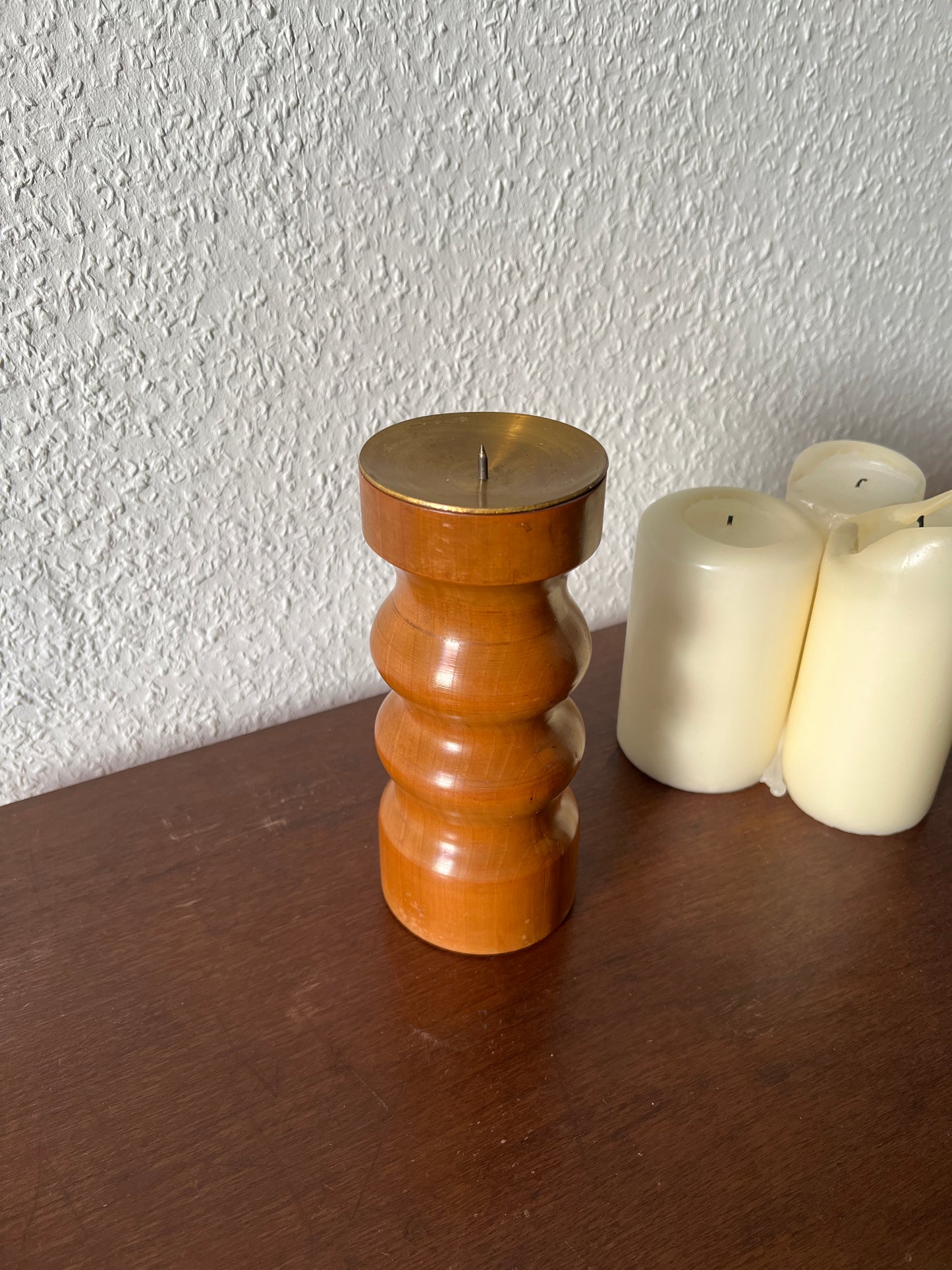 Holz Messing Kerzenständer Kerzenhalter Braun Vintage MCM Mid-Century Modern Skandinavisch