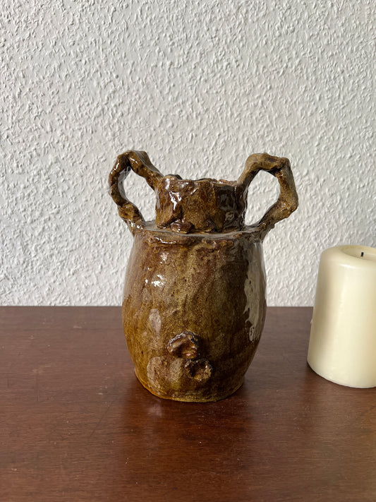 Handmade Vase braun grün Groß Keramik Glasiert Vintage