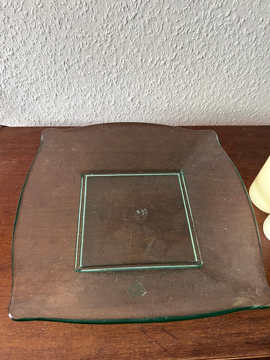 Große quadratische Glas Schale Tablett zur Aufbewahrung Grünglas Vintage 70er/80er